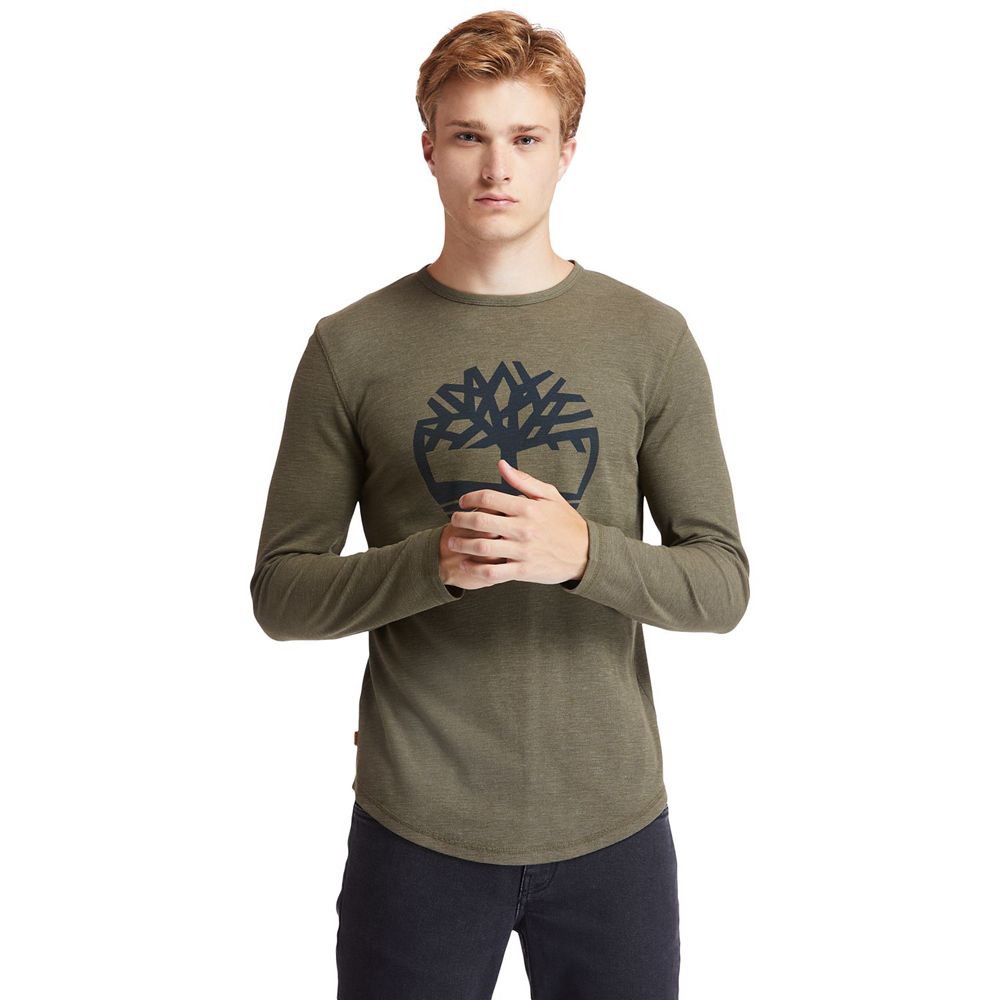 Timberland Mens T-Shirts Dyer River Slim-Fit Tree-Logo - Olive - India BI9741683